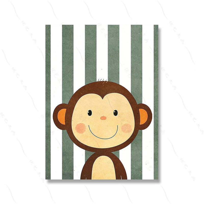 Cartoon monkey on a green and white striped background
