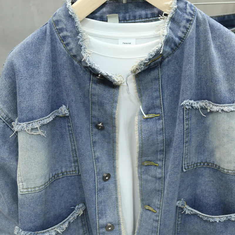 Men’s Fringed Denim Jacket – Casual Loose Fit with Pocket Detail