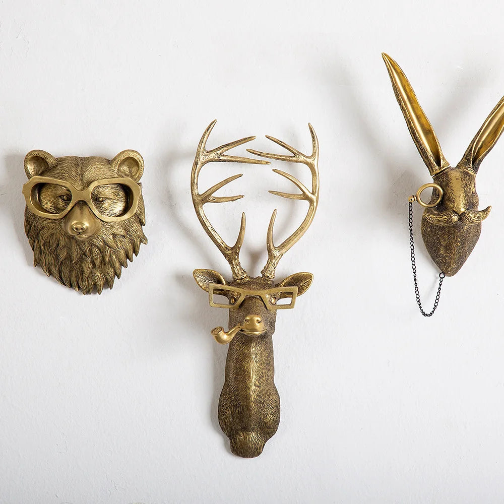 Antique bronze resin deer, bear and rabbit wall hooks with vintage glasses and decorative detailing