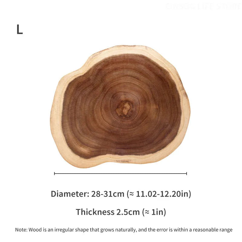 Wooden log slice with measurements on a white background
