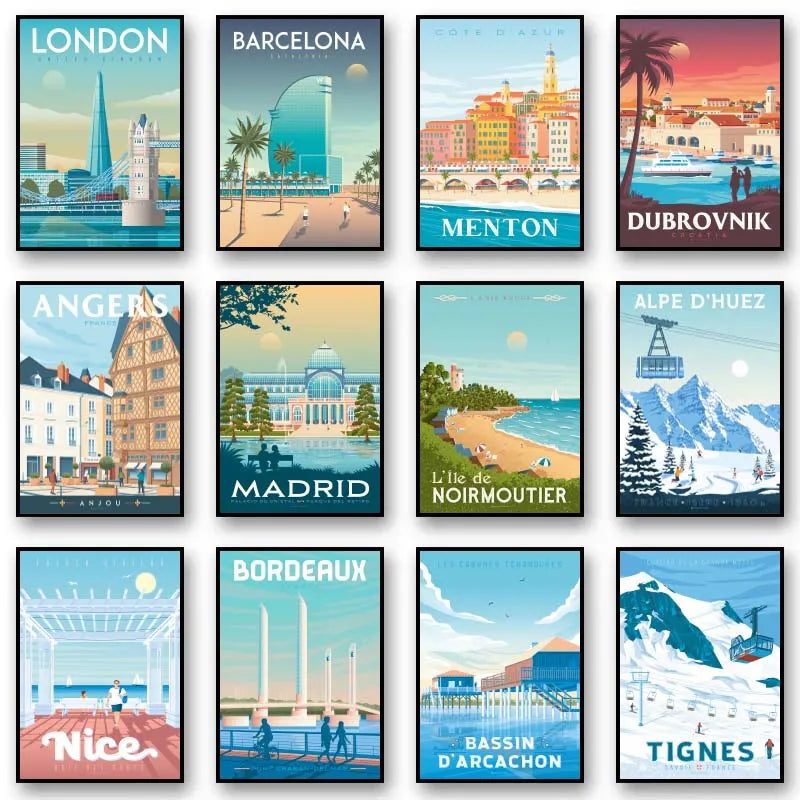 Collection of travel posters featuring famous cities and landmarks.
