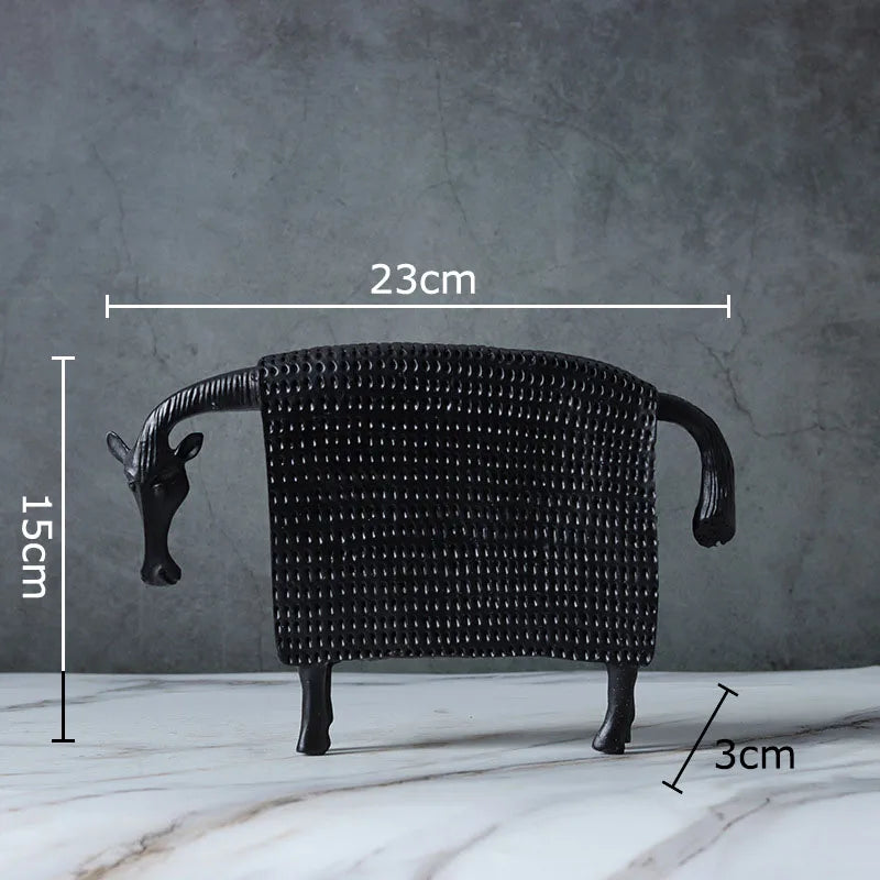 Abstract armoured horse sculpture in black and white resin with textured decorative armour, modern contemporary ornament for home decor. dimensions