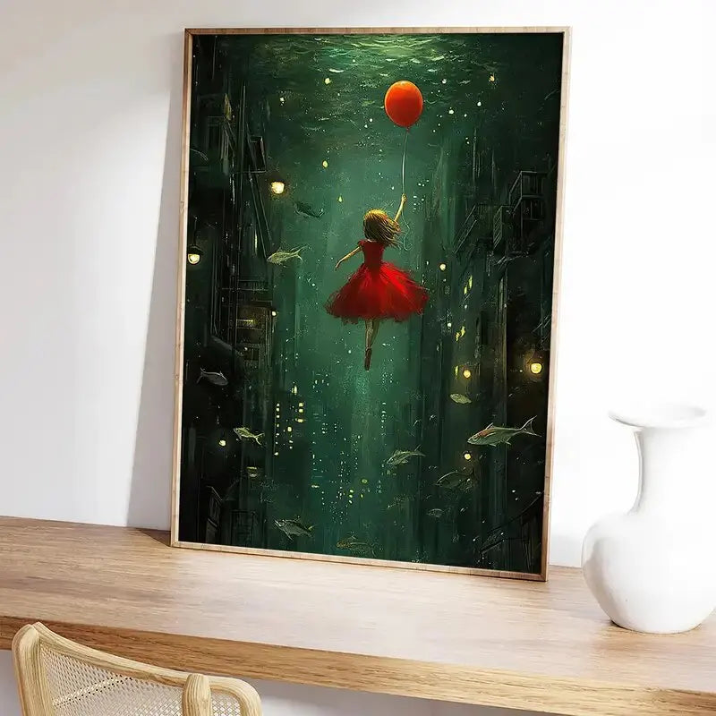 Framed artwork of a girl in a red dress floating underwater with a fish and a balloon.