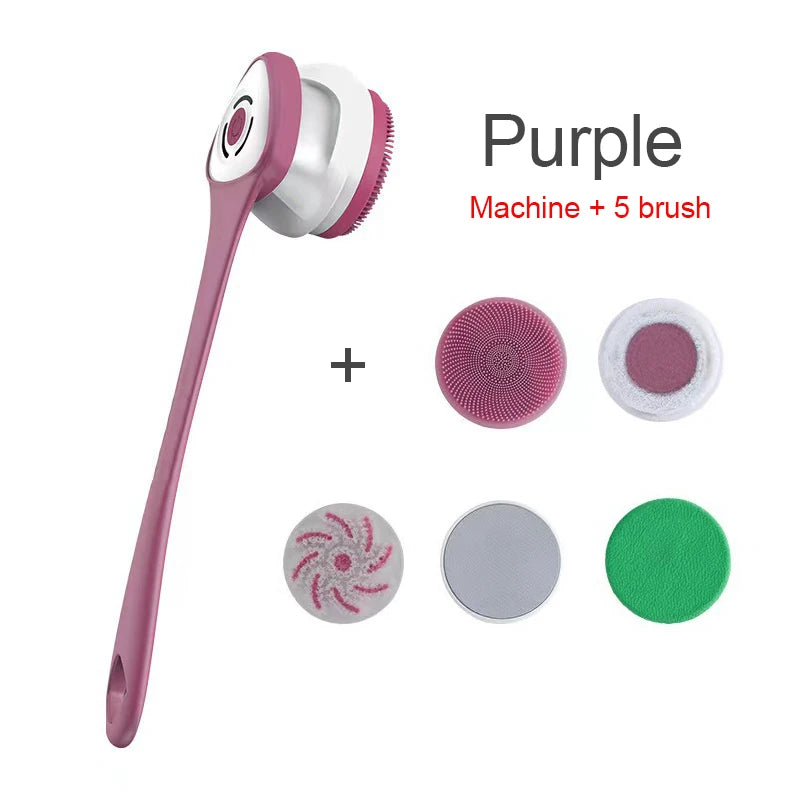Purple facial cleansing brush with additional brush heads on a white background