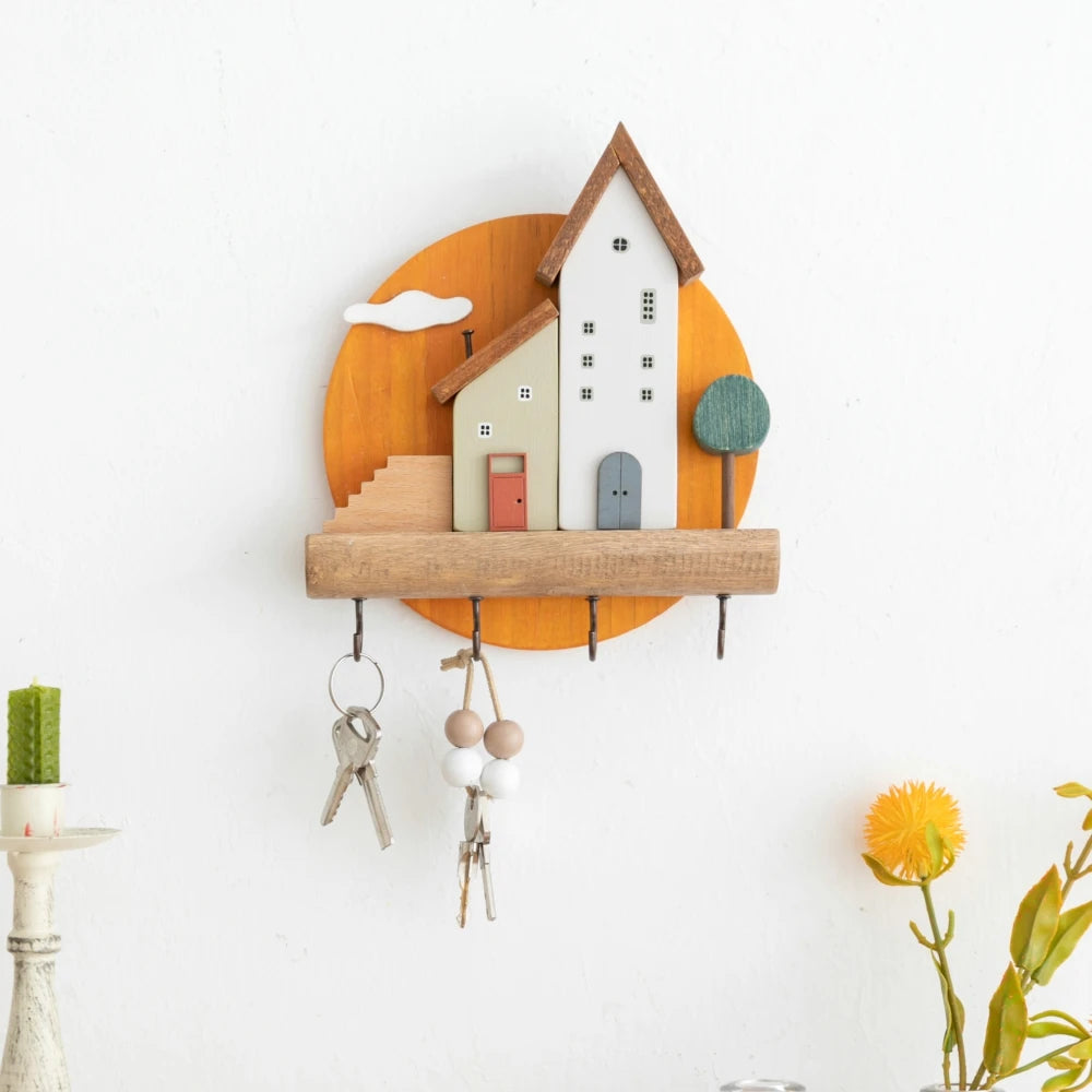 Cute Wooden House Key Hook Shelf – Decorative Wall Storage