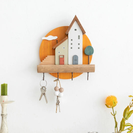 Cute Wooden House Key Hook Shelf – Decorative Wall Storage
