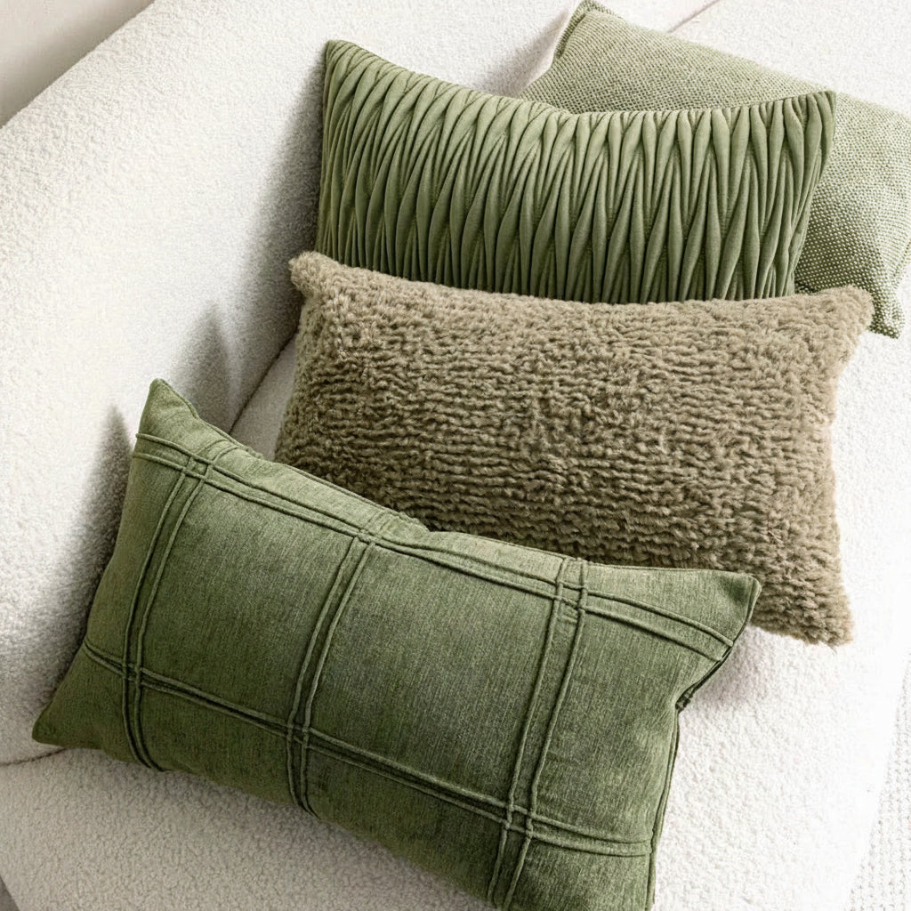 Green textured pillows on a white sofa