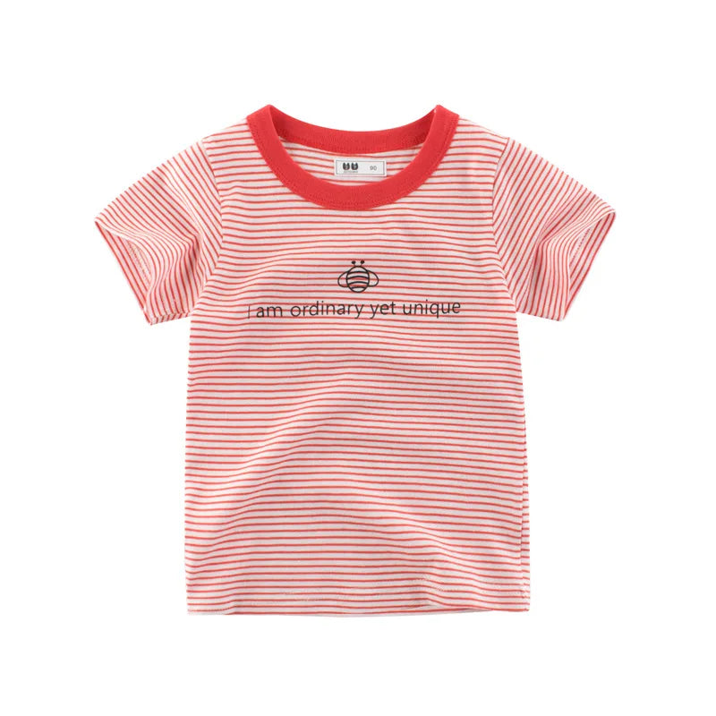 Red and white striped t-shirt with text on a white background