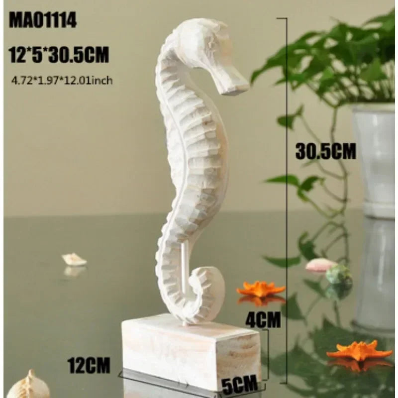 White seahorse sculpture with measurements on a neutral background