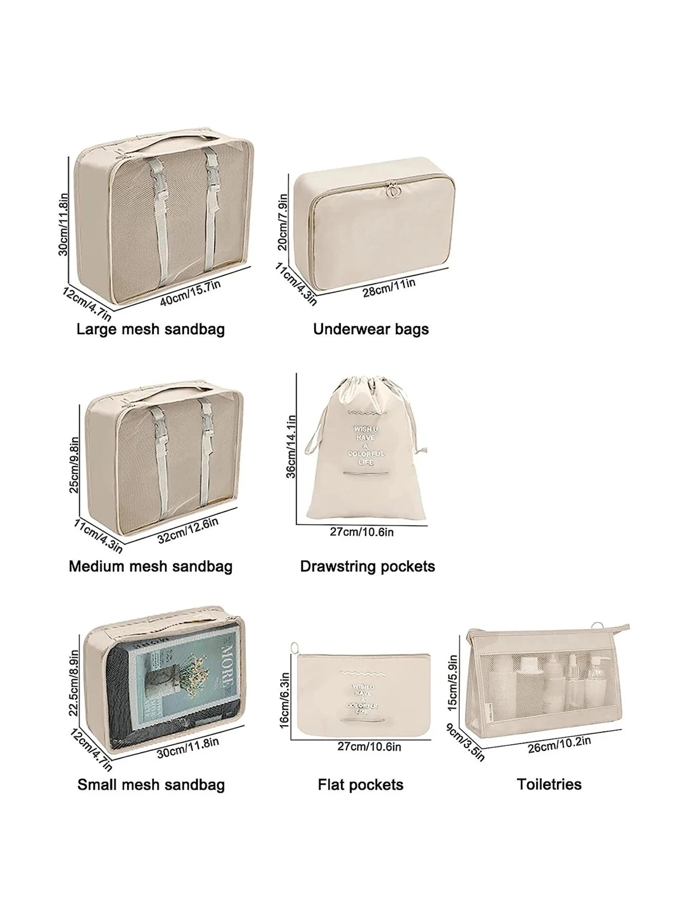 Set of beige travel bags with dimensions labeled on a white background