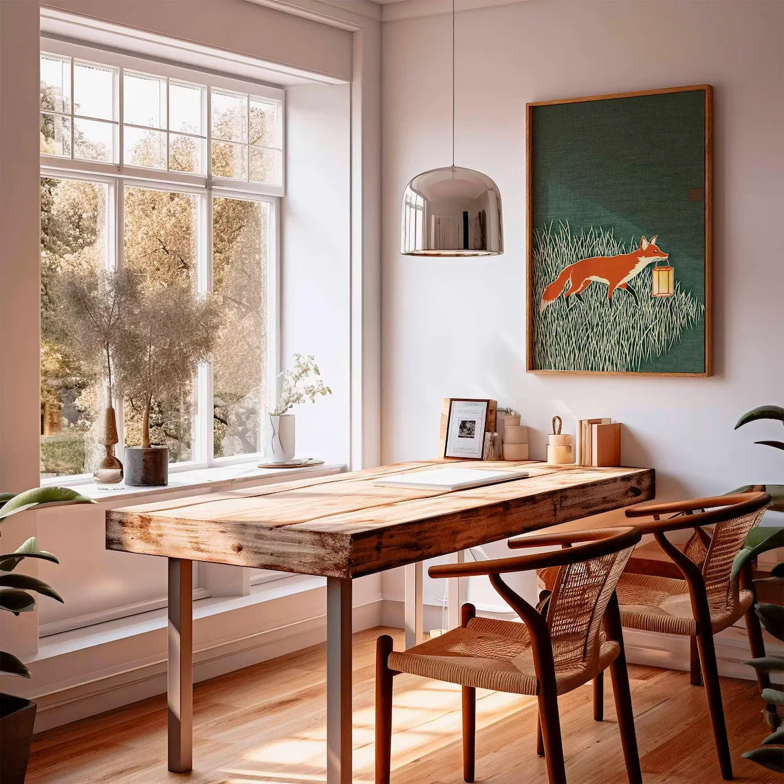 Minimalist Japanese-inspired fox art print showing an orange fox carrying a lantern through tall grass against a deep green background in a natural wood frame.