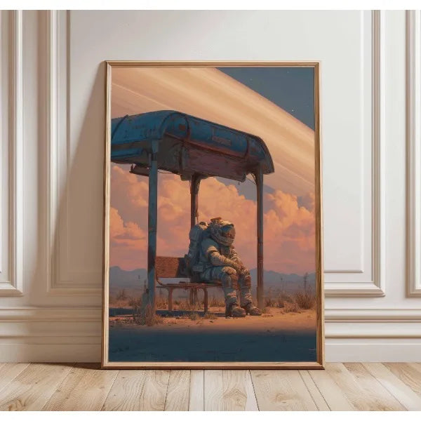 Framed artwork of a character sitting on a bench under a blue canopy in a desert setting.