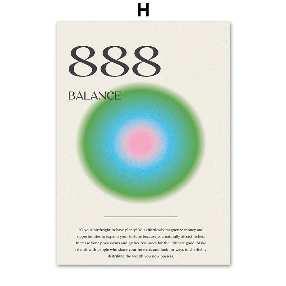 Poster with number 888, word 'Balance', and colorful circle design on a beige background.