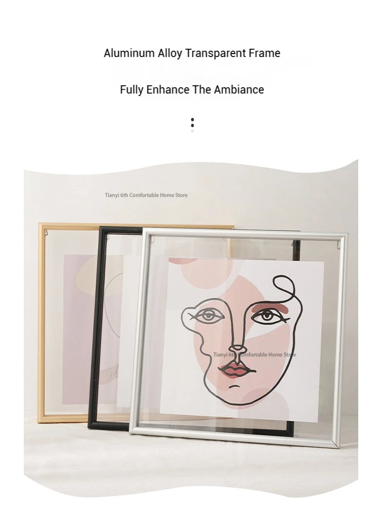 Aluminum alloy transparent frame with a displayed artwork on a white background