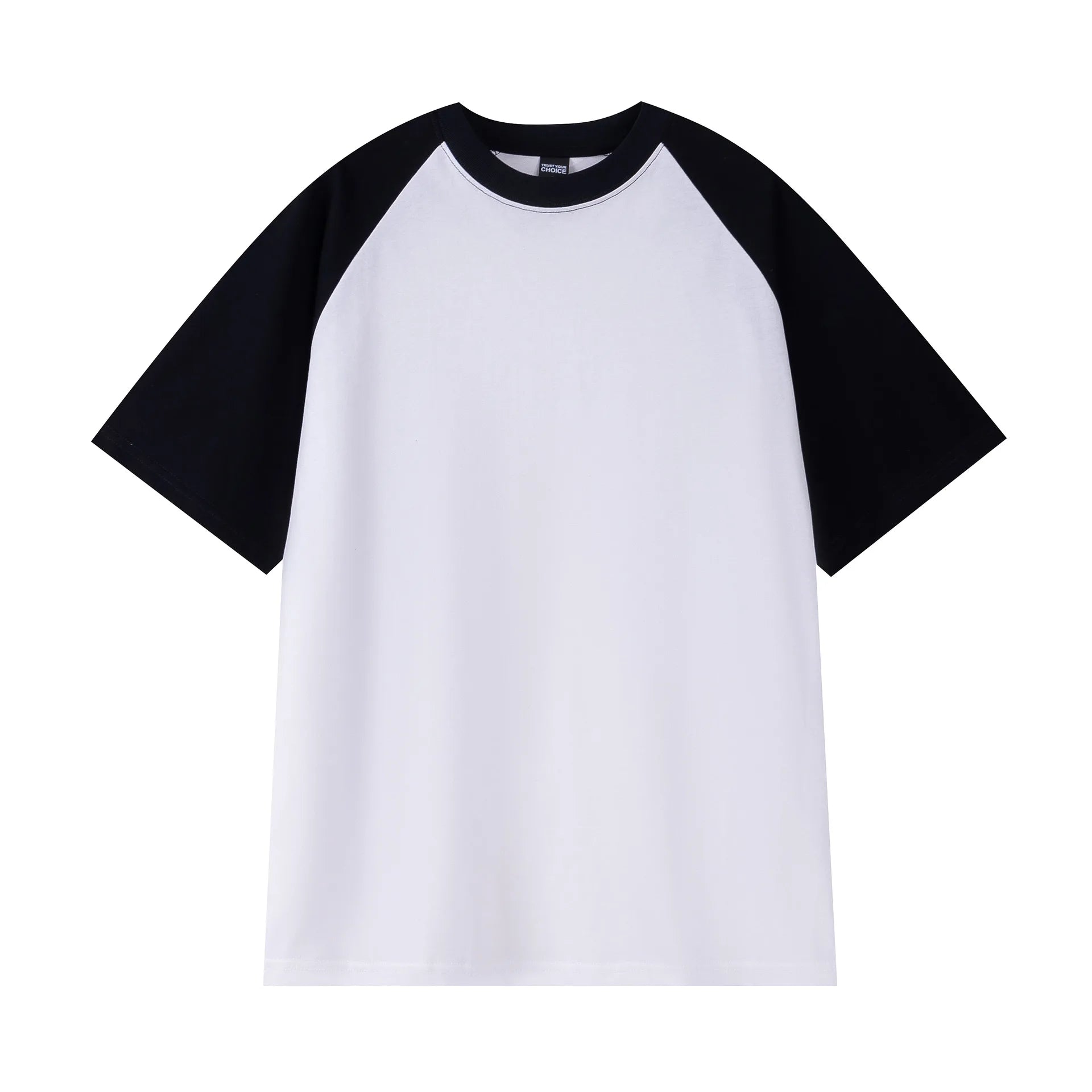 White t-shirt with black sleeves on a white background