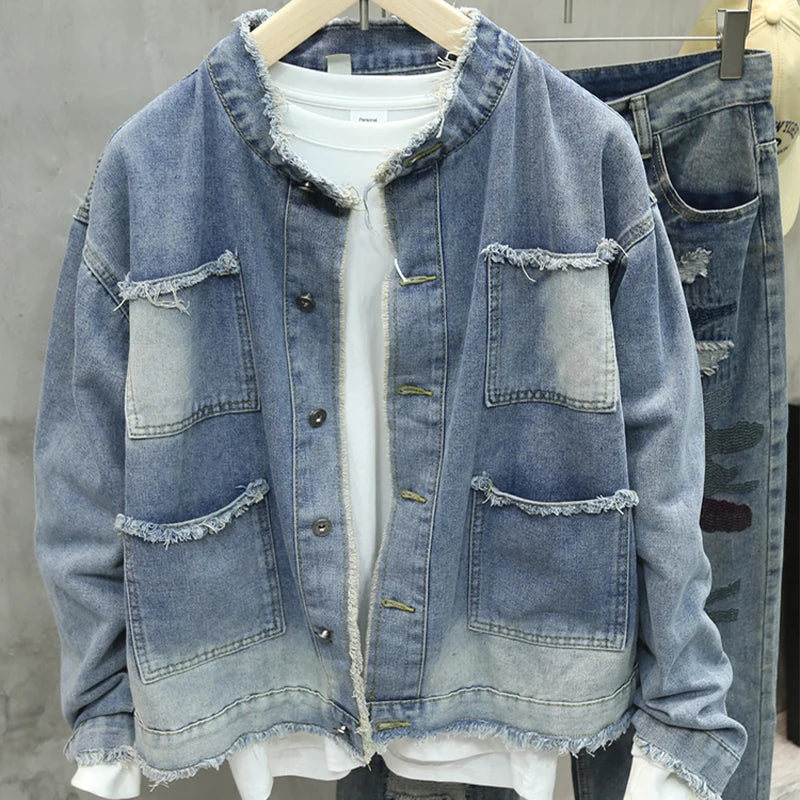 Men’s Fringed Denim Jacket – Casual Loose Fit with Pocket Detail