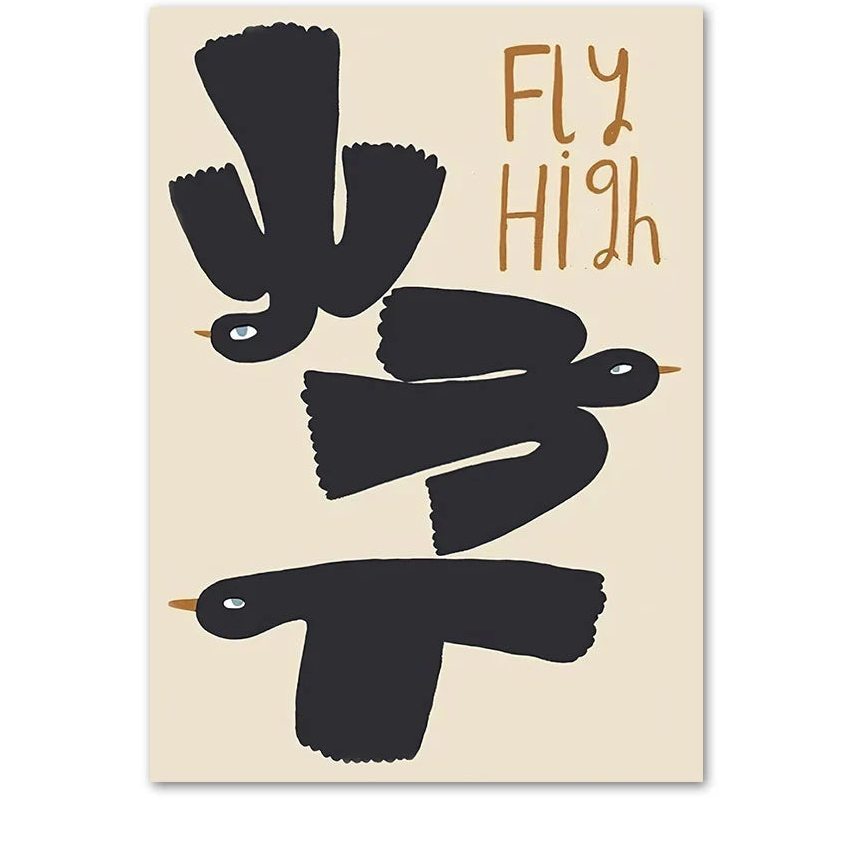 Poster with black birds and 'Fly High' text on a beige background