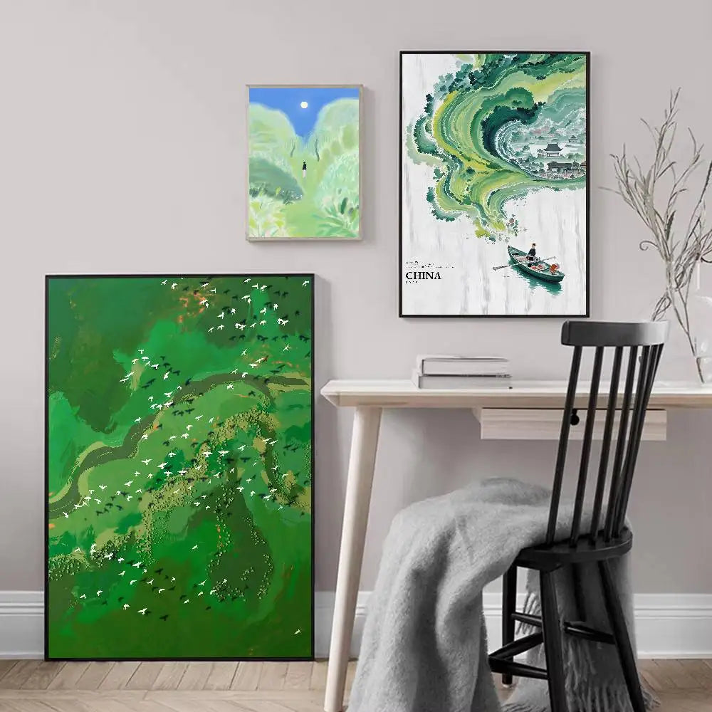 Green Jiangnan self-adhesive landscape art poster in modern Asian style for living room wall decor