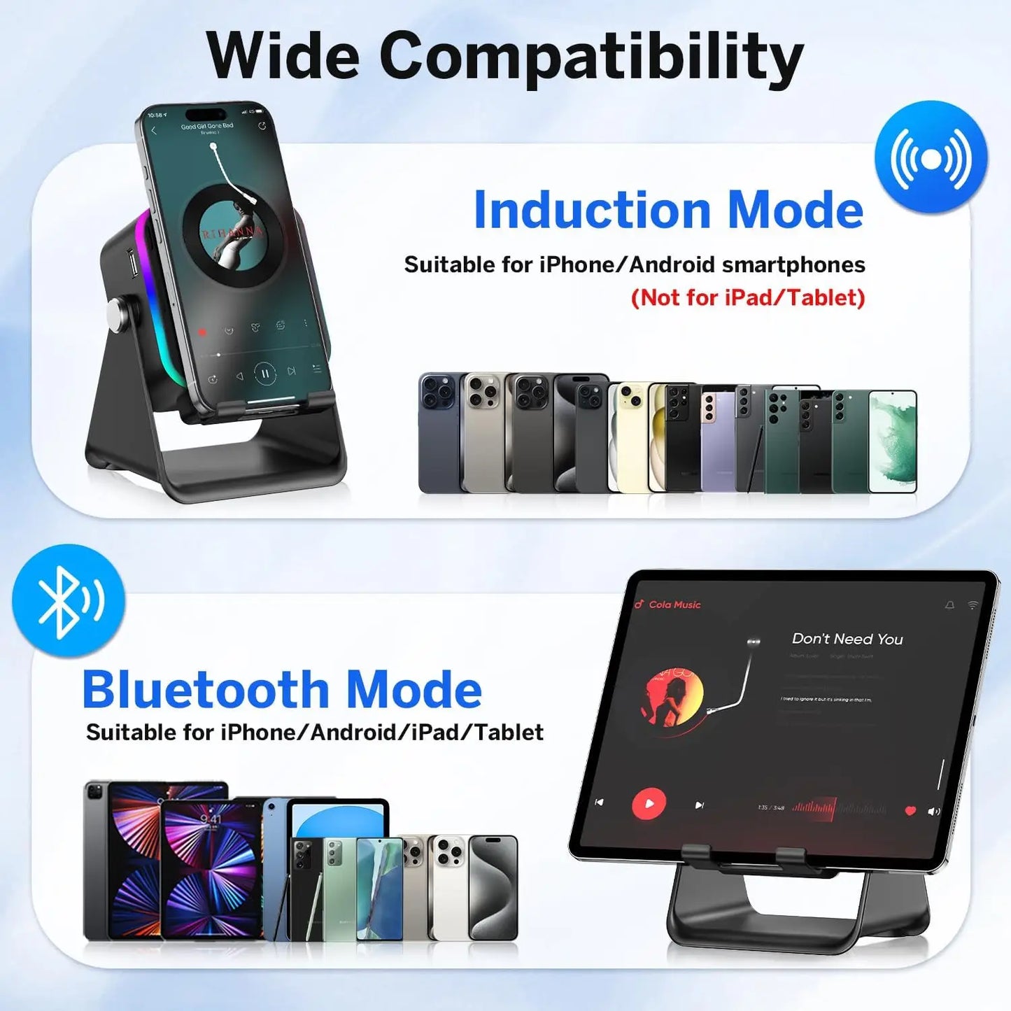 5-in-1 Bluetooth speaker with wireless charging, RGB lighting and adjustable phone stand for desks, bedside tables and home offices.background.