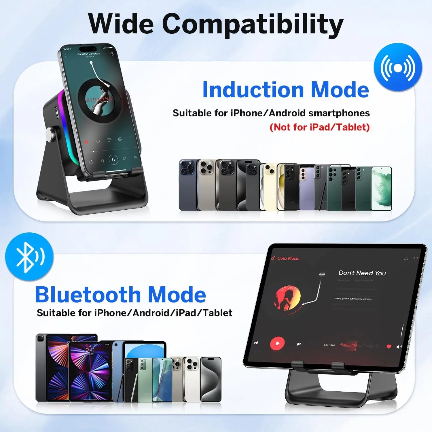 5-in-1 Bluetooth speaker with wireless charging, RGB lighting and adjustable phone stand for desks, bedside tables and home offices.background.
