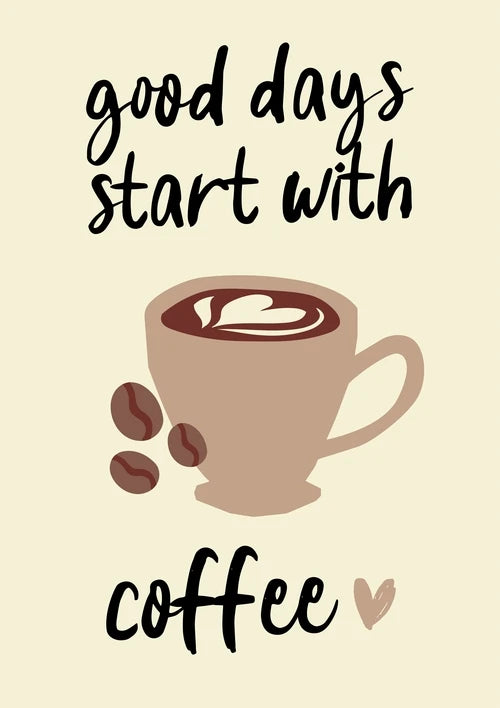 Motivational poster with a cup of coffee, beans, and text 'good days start with coffee' on a beige background.