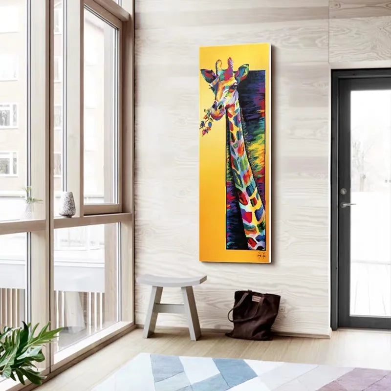 Colorful giraffe painting on a wall in a modern interior setting