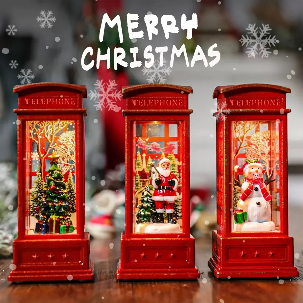 Three red telephone booth Christmas decorations with Santa, snowman, and tree inside, against a blurred festive background.