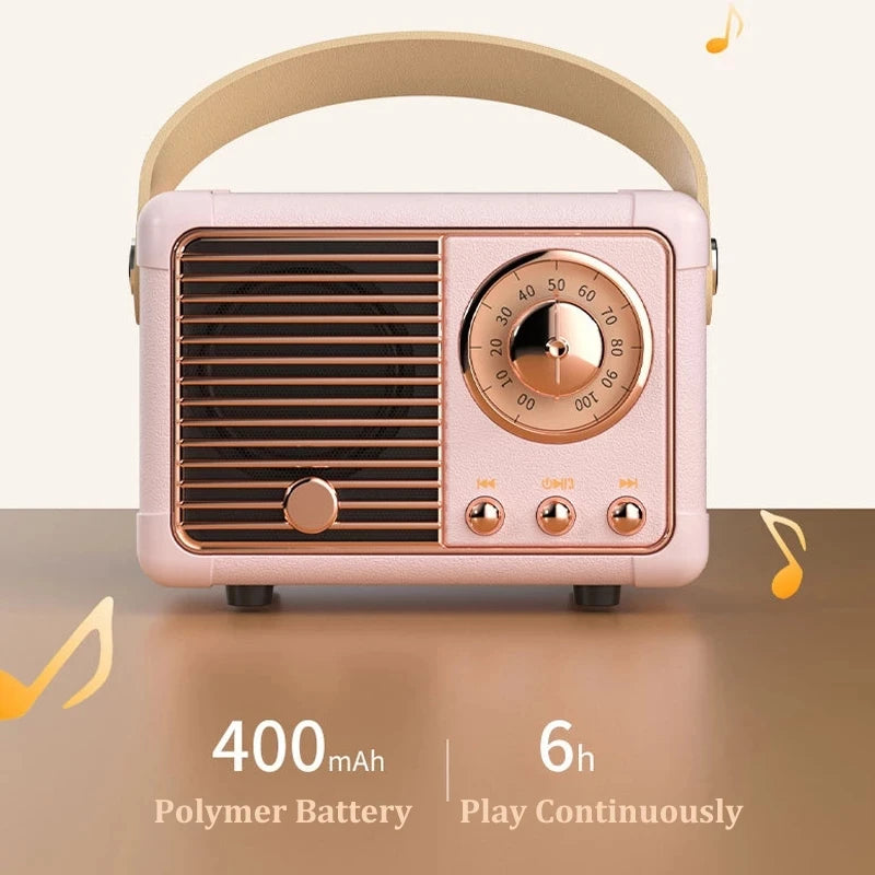 Vintage-style radio with pink casing and beige handle on a gradient background