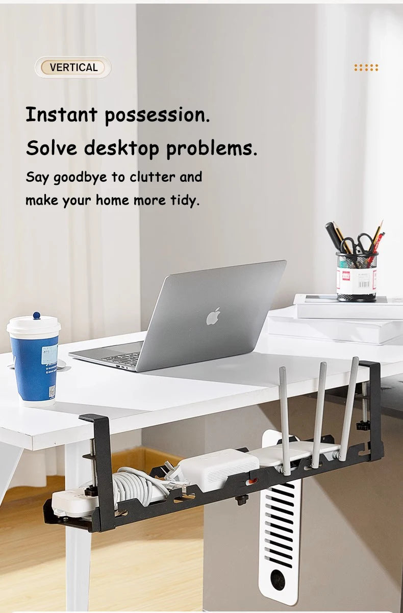 White desk with a laptop and a vertical desk organizer, with text promoting instant possession and clutter-free home.