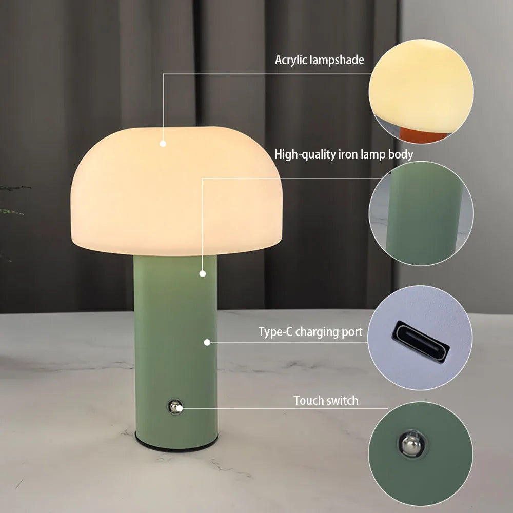 Green mushroom table lamp with acrylic lampshade and Type-C charging port on a neutral background