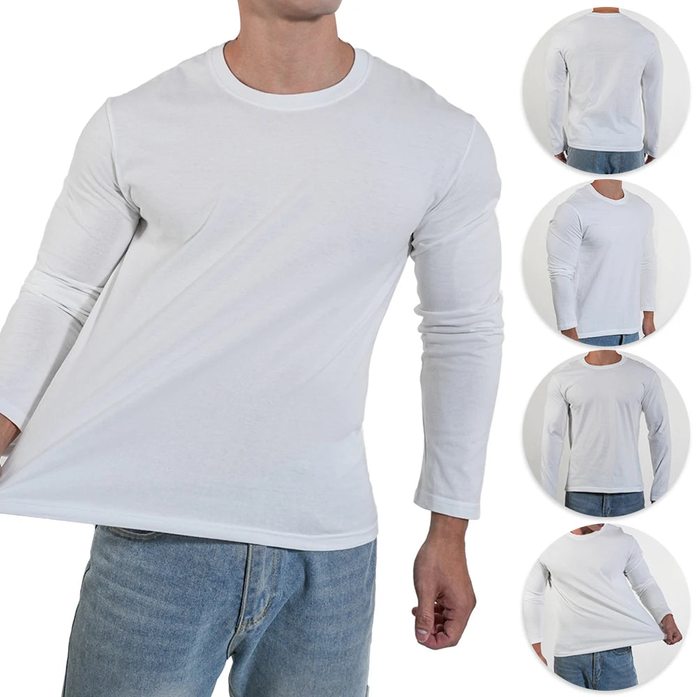 men’s white long sleeve cotton crew neck t-shirt casual fit