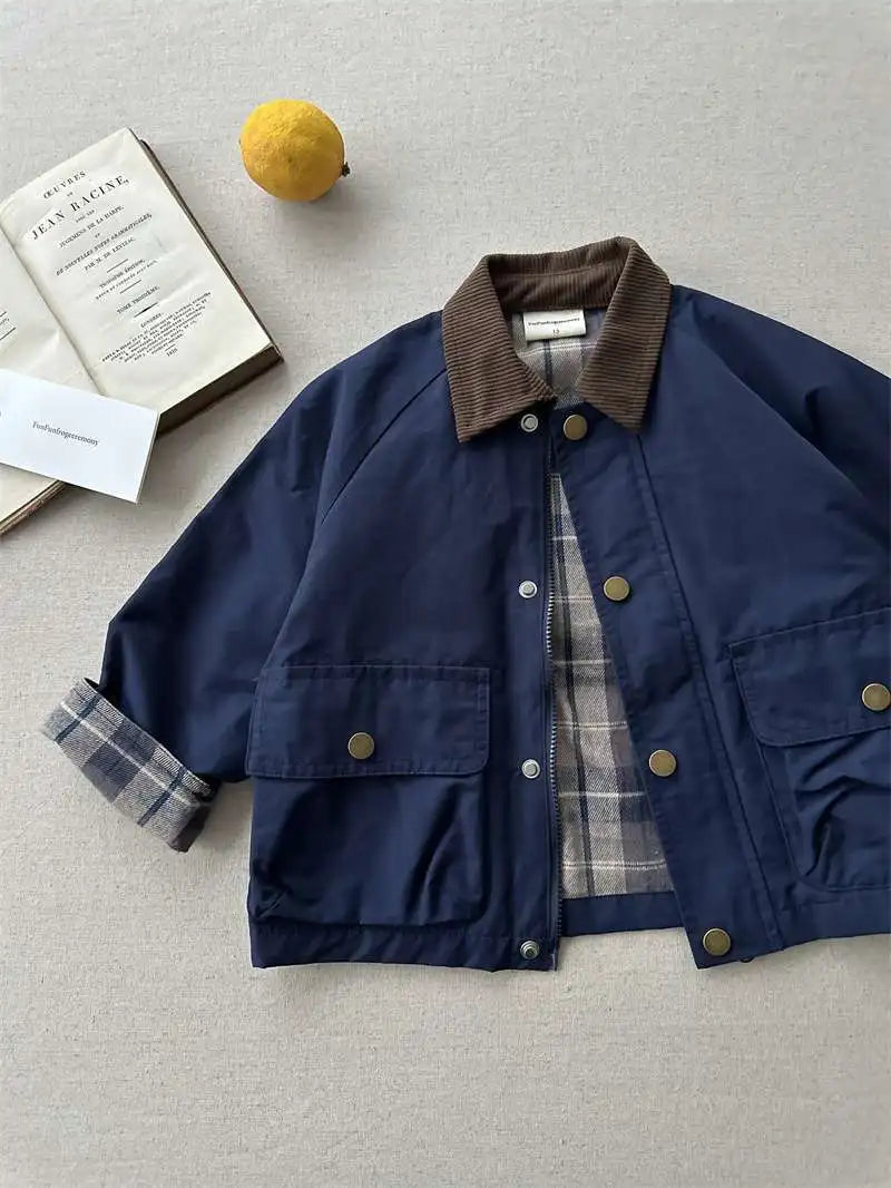 Boys Plaid Lined Jacket, Spring Autumn Cotton Coat
