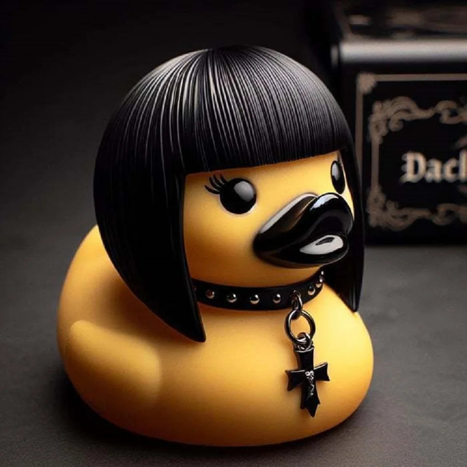 Yellow rubber duck with black hair and cross pendant on a dark background