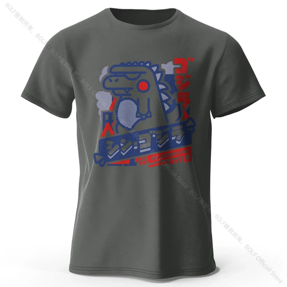 Gray t-shirt with a graphic design on a white background