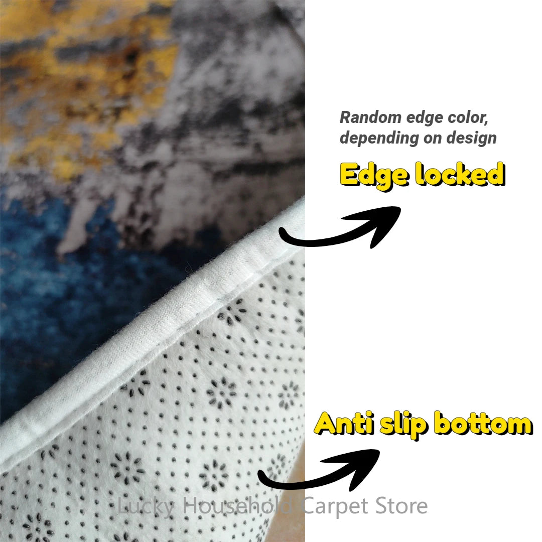 Close-up of a carpet edge with text indicating 'Edge locked' and 'Anti slip bottom'.