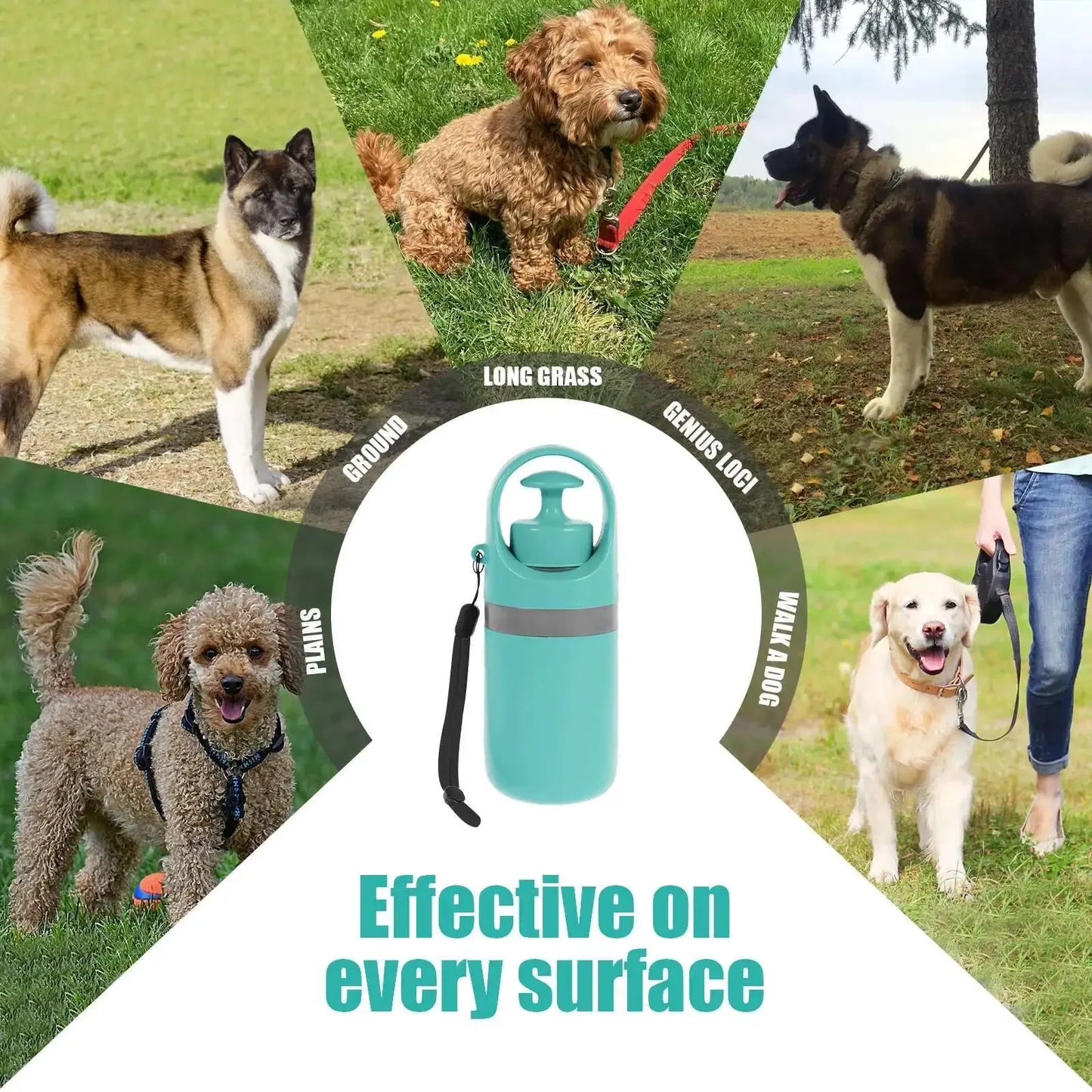 Collage of dogs in various outdoor settings with a central focus on a green bottle labeled 'Effective on every surface'.
