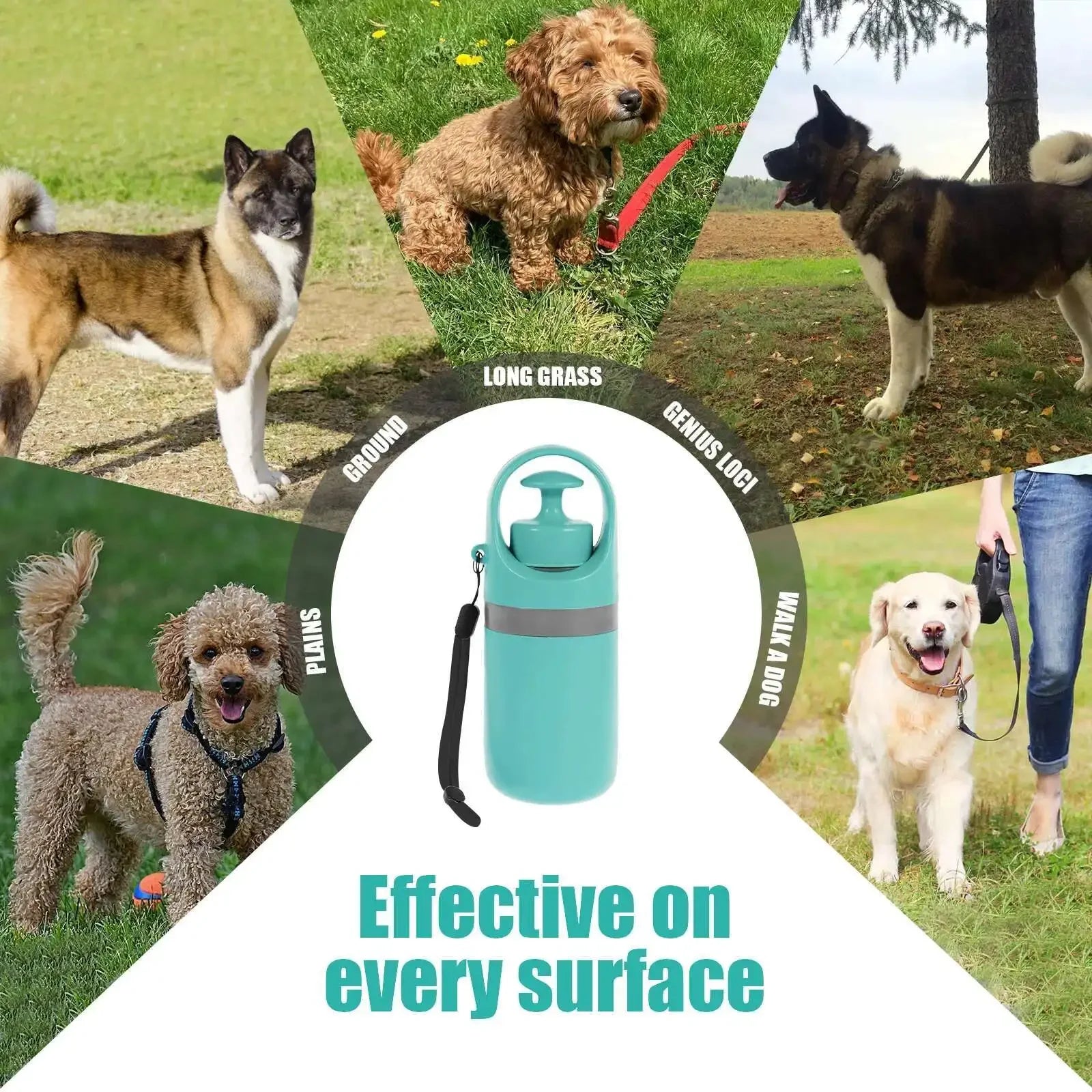 Collage of dogs in various outdoor settings with a central focus on a green bottle labeled 'Effective on every surface'.