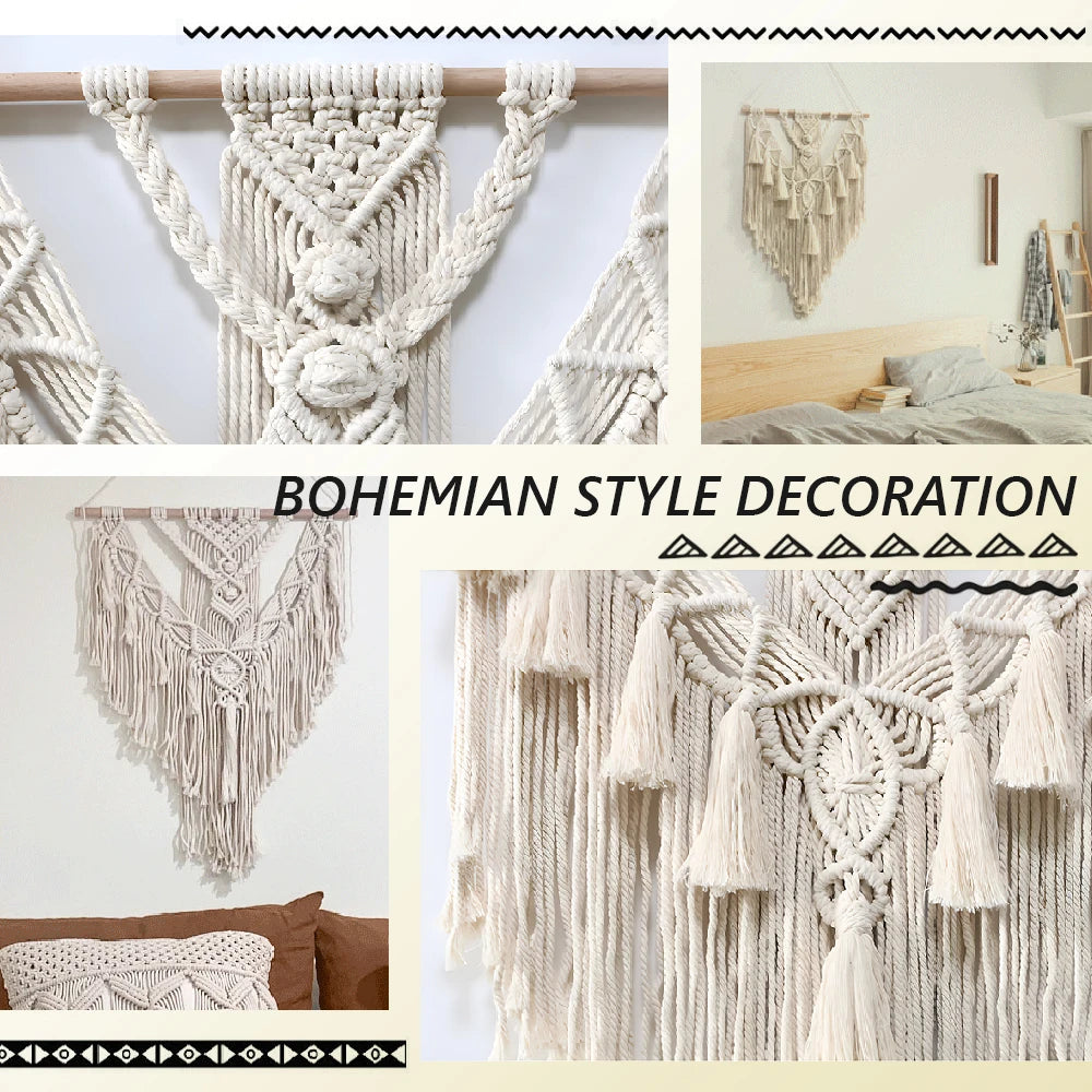 Collage of macrame wall hangings with 'Bohemian Style Decoration' text.