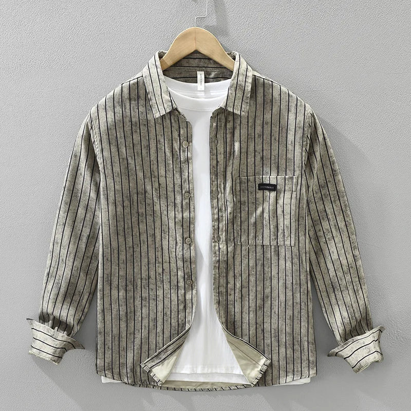 Men’s vintage striped long sleeve shirt with turn-down collar in Coffee/Grey.