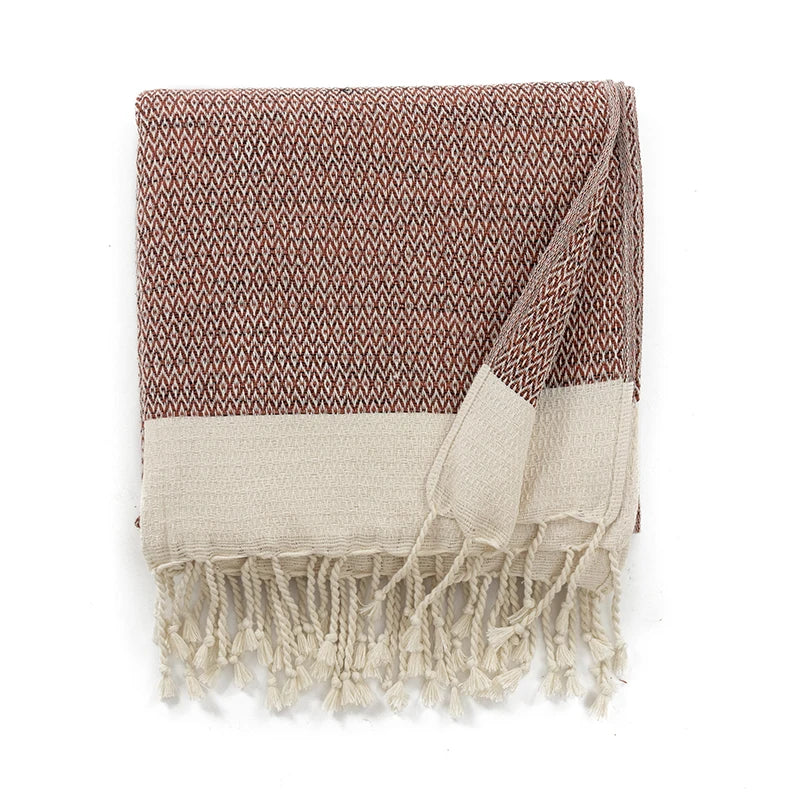 Woven blanket with brown and beige pattern on a white background