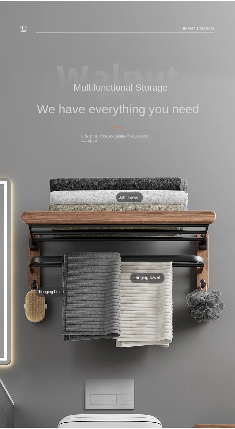 Towel rack with folded towels on a gray wall, with text 'Multifunctional Storage' and 'We have everything you need'.