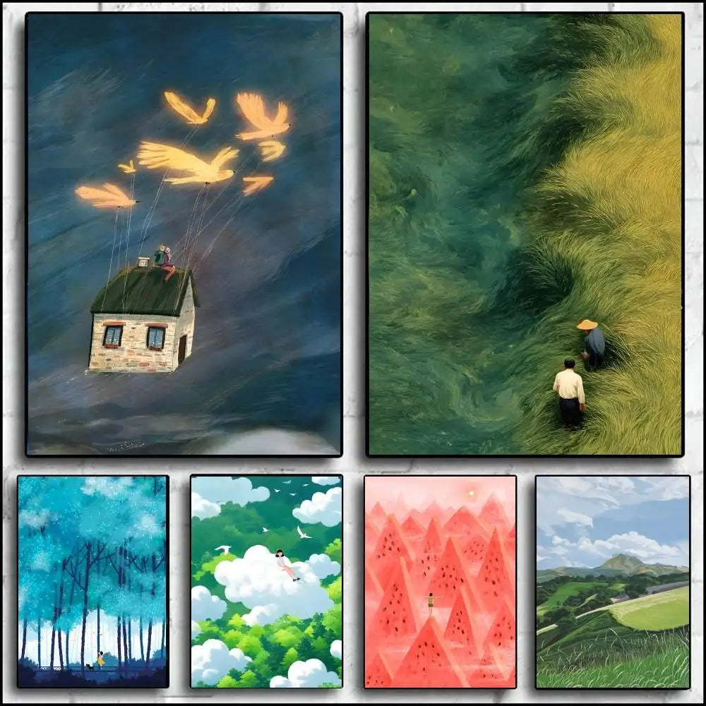 The Pleasant Time in Childhood Dreams self-adhesive wall art poster featuring dreamy whimsical illustrations in soft artistic tones