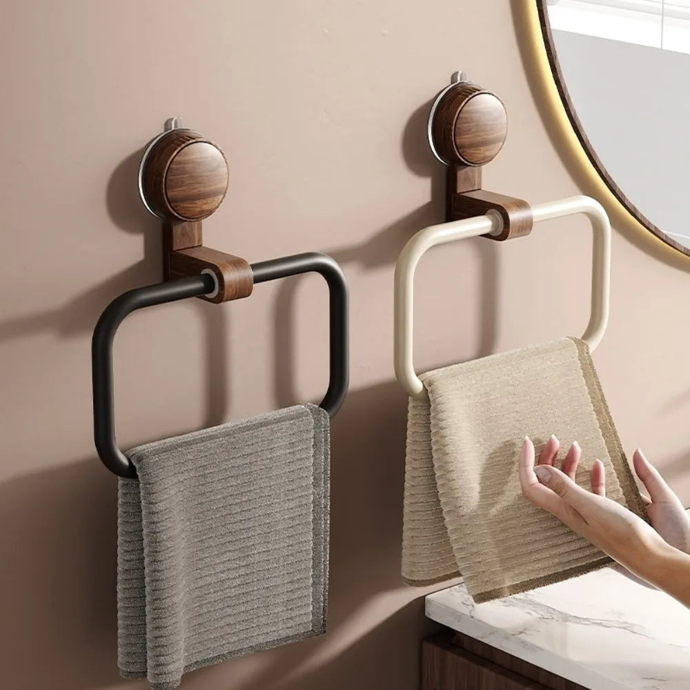 Vintage walnut bathroom towel rack wall mounted wooden towel holder with suction cup installation for bathroom storage