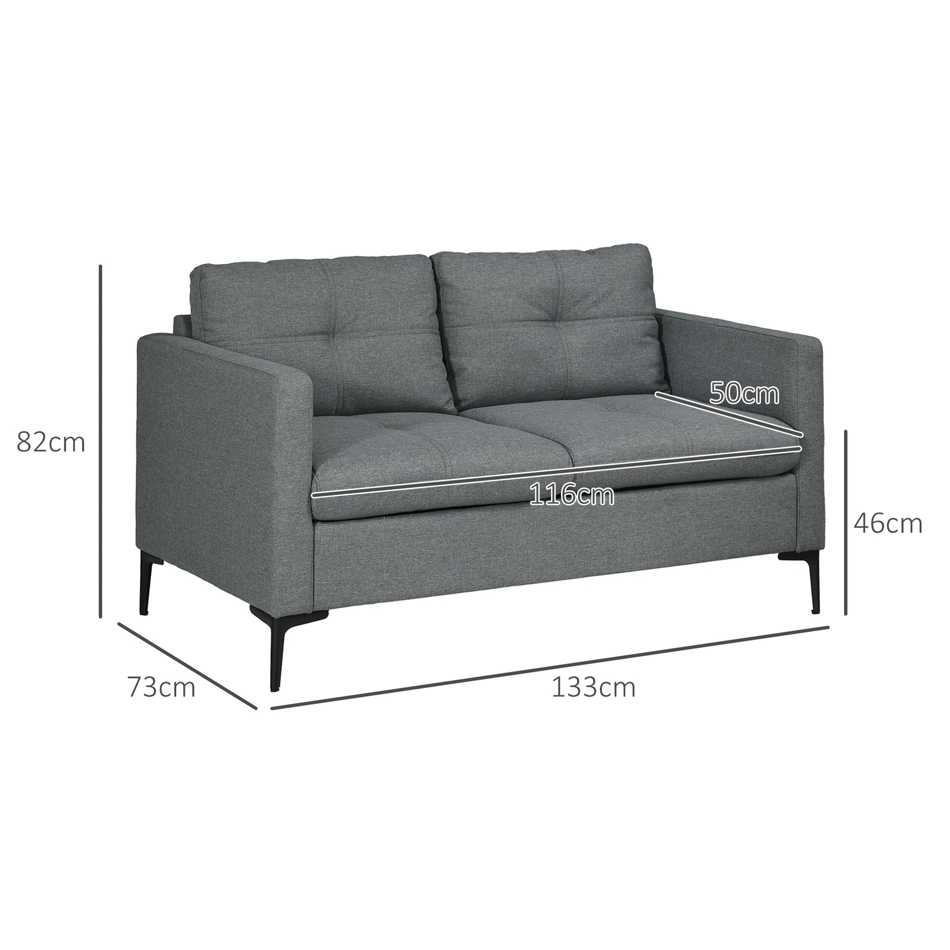 Gray sofa with dimensions marked on a white background