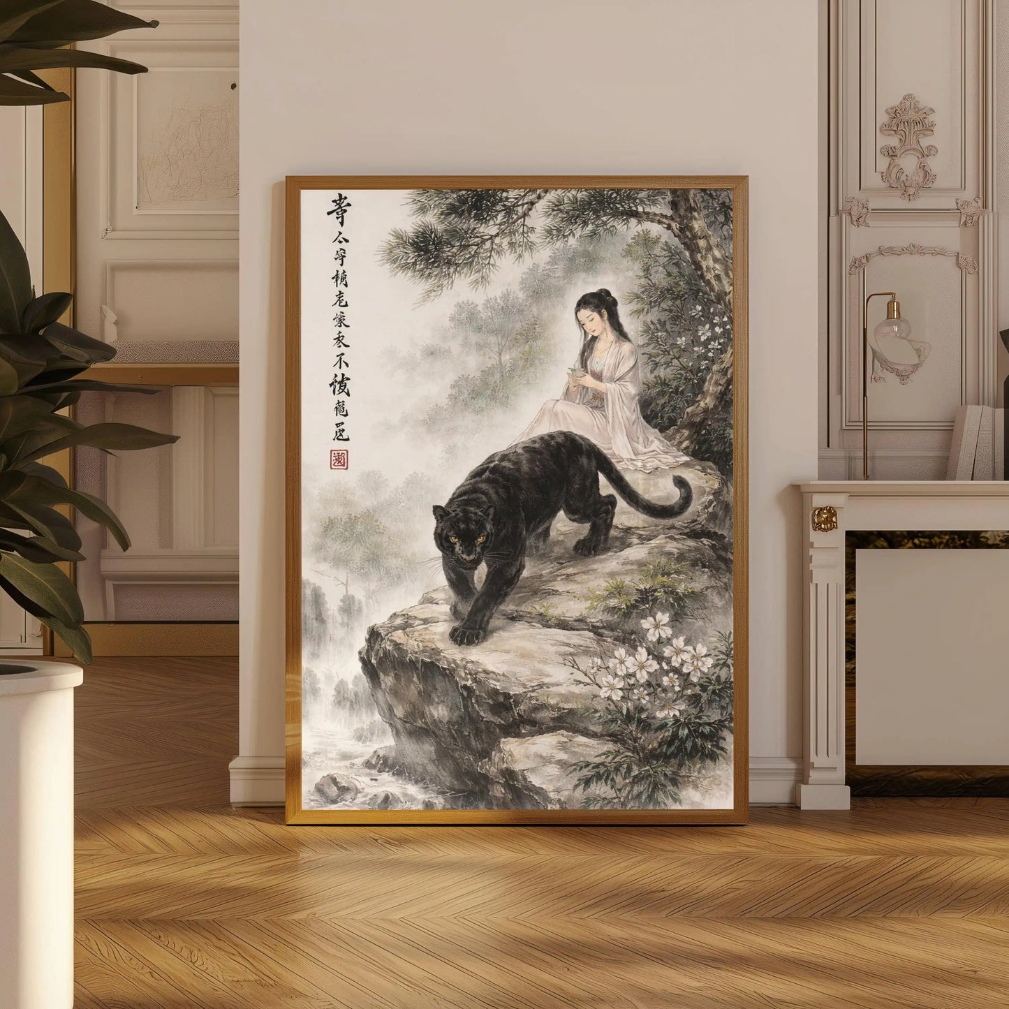Framed traditional Chinese painting of a woman and black panther in a room with wooden floor and decorative wall.