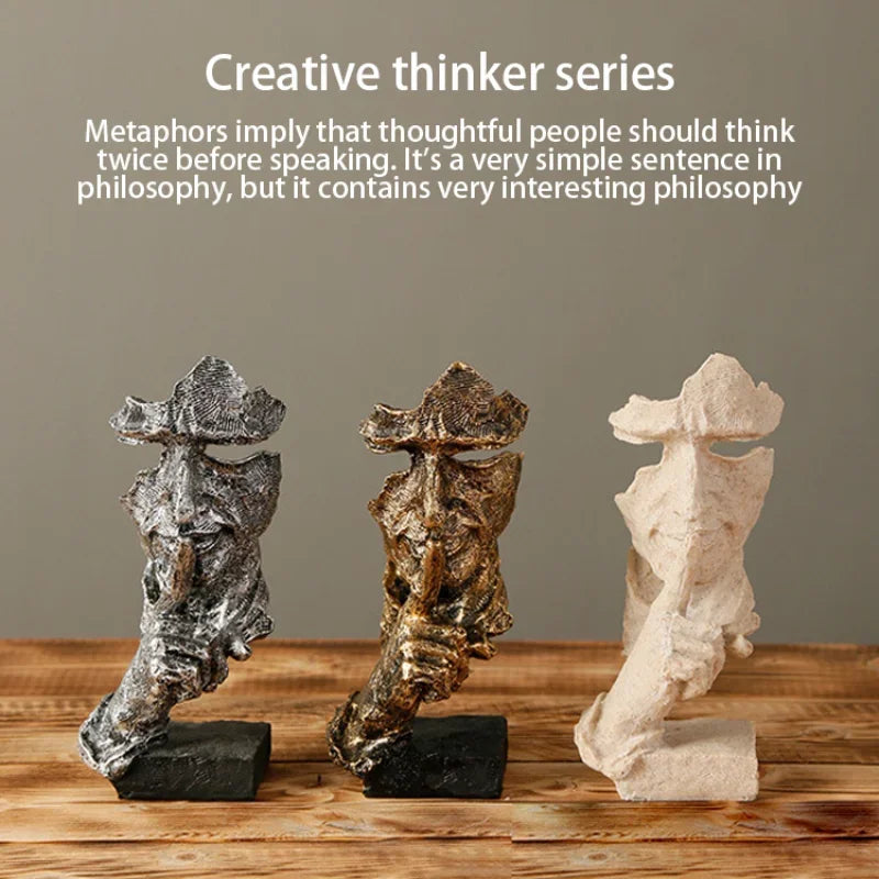 Three artistic sculptures on a wooden surface with a text overlay about metaphors and philosophy.