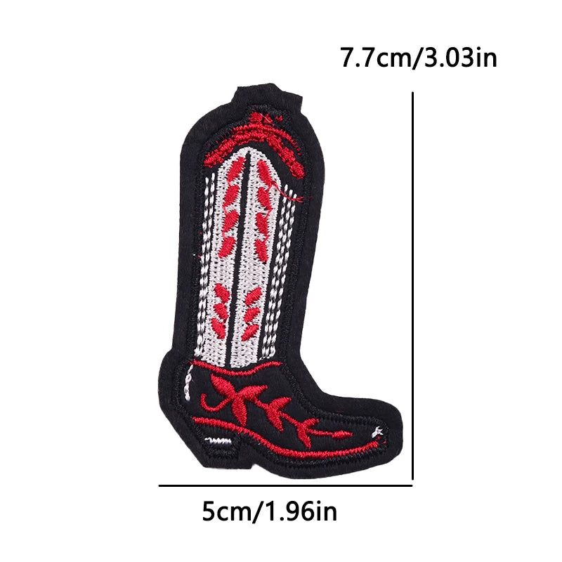 Embroidered cowboy boot patch with red and white details on a black background, showing measurements.