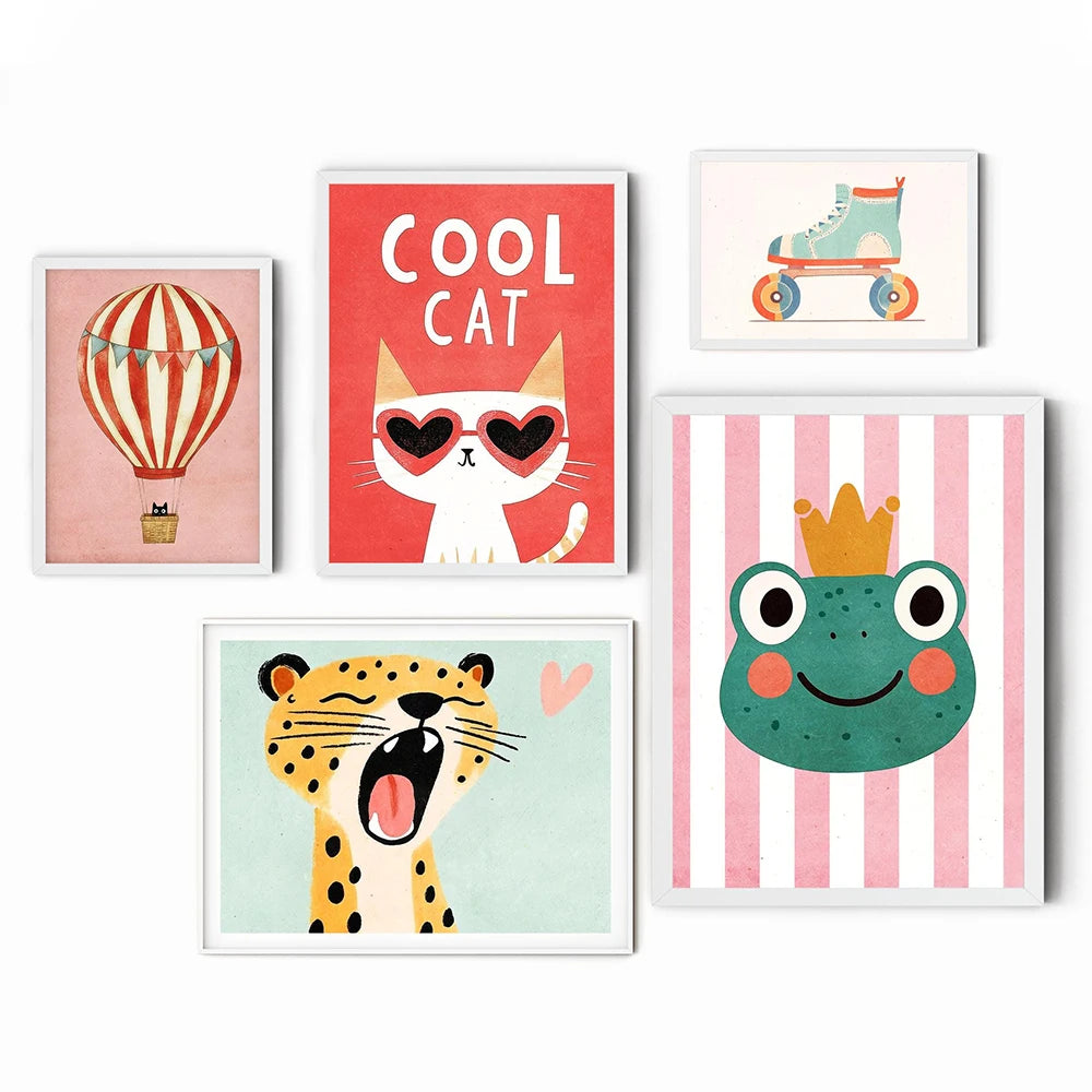 Set of colorful children's wall art prints featuring animals and phrases.