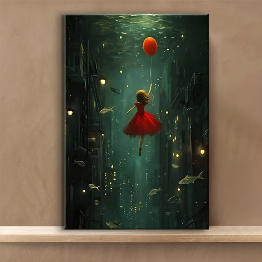 Framed artwork of a woman in a red dress floating underwater with a red balloon.