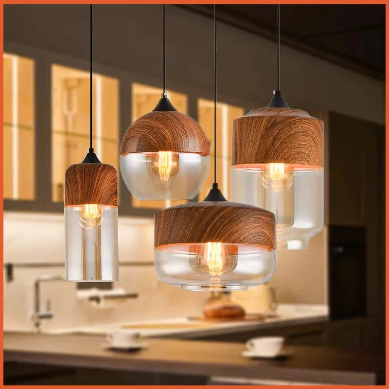 Wooden pendant lights hanging in a kitchen setting
